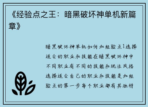《经验点之王：暗黑破坏神单机新篇章》